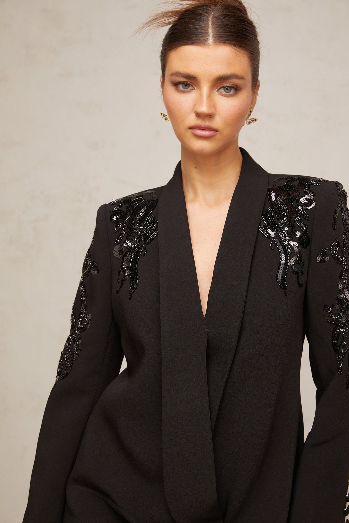 Éléna Black Embellished Sequined Blazer Dress