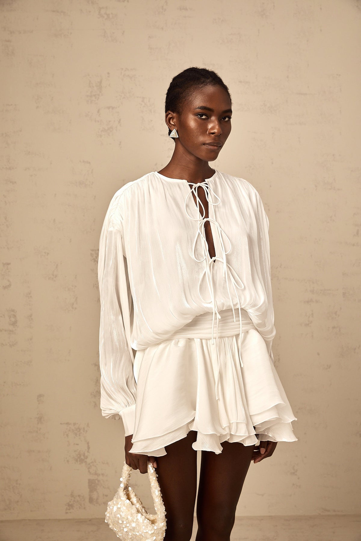 Mahault white pleated glitter-effect mini dress