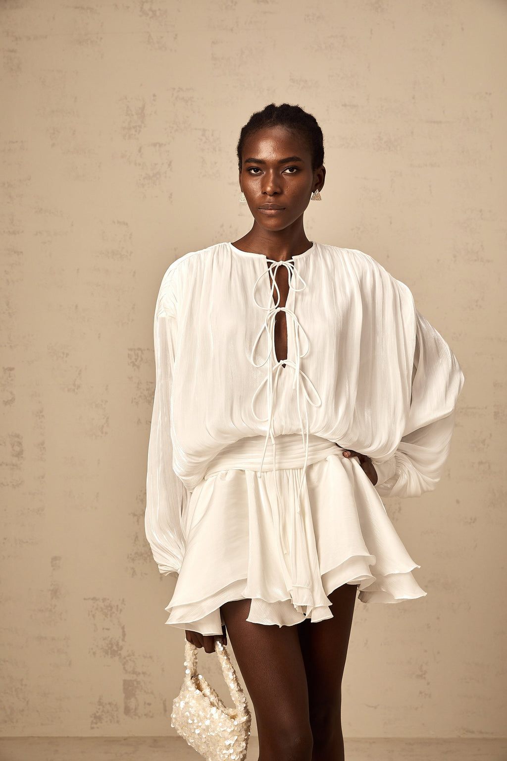 Mahault white pleated glitter-effect mini dress