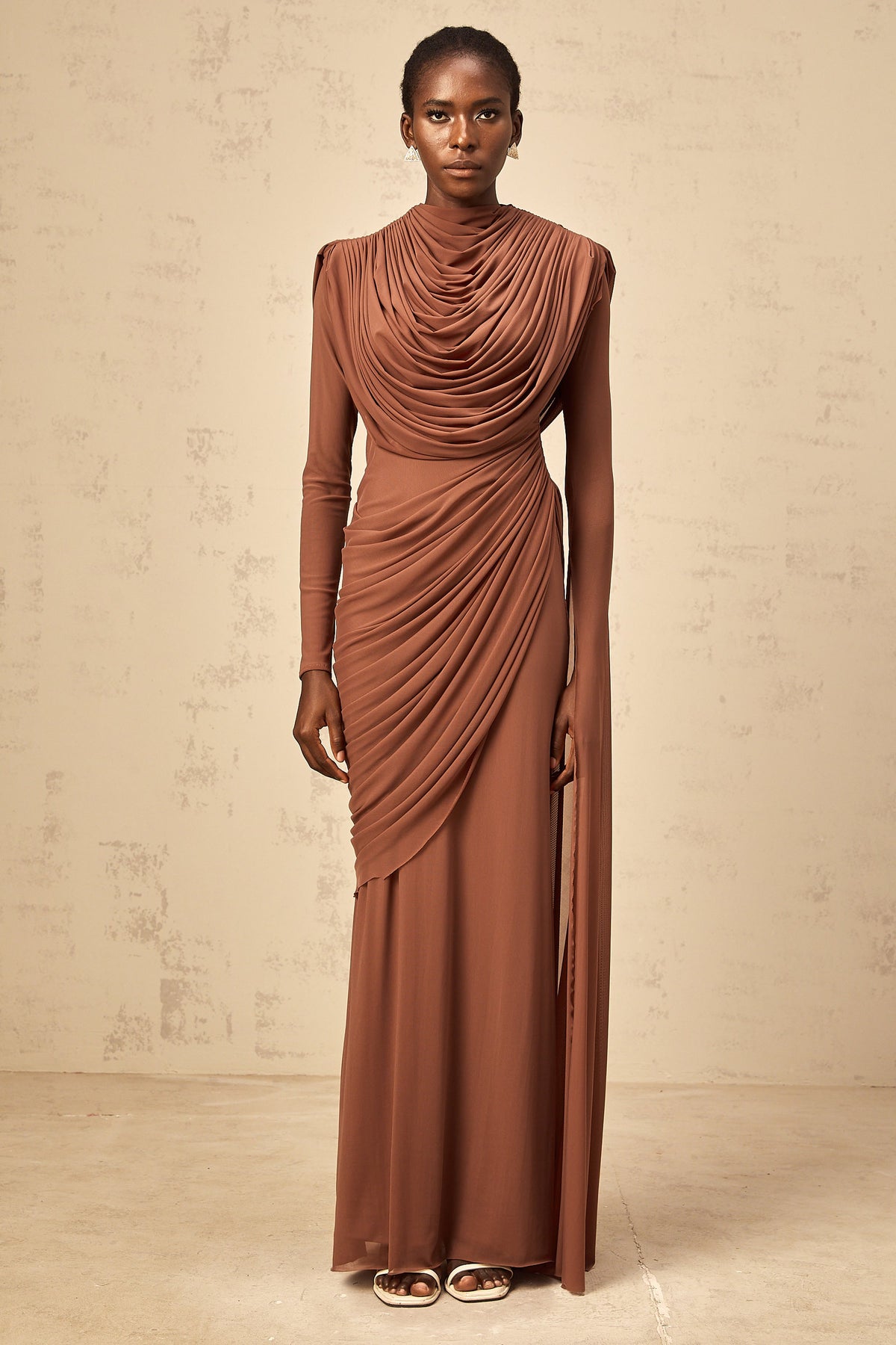 Danaé Brown Shirred-effect Draped Maxi Dress