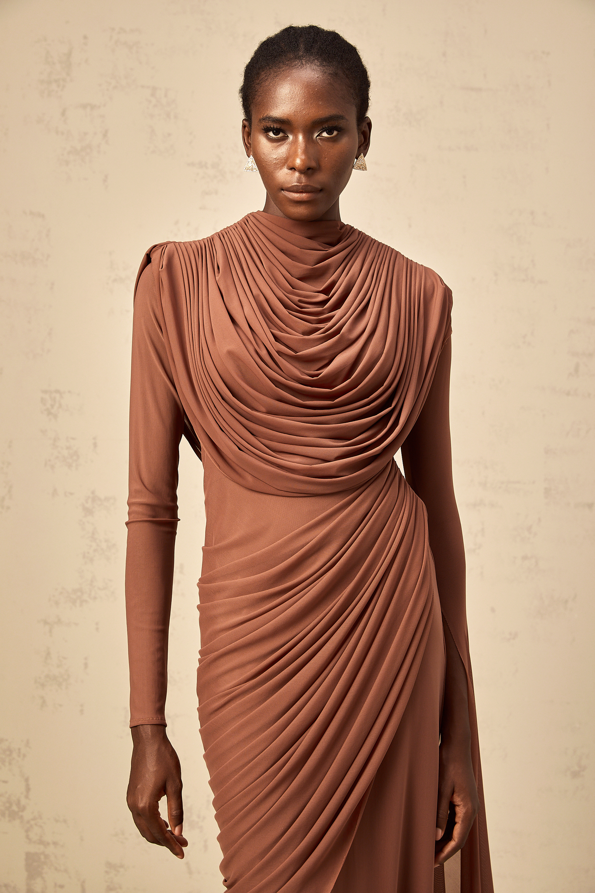 Danaé Brown Shirred-effect Draped Maxi Dress