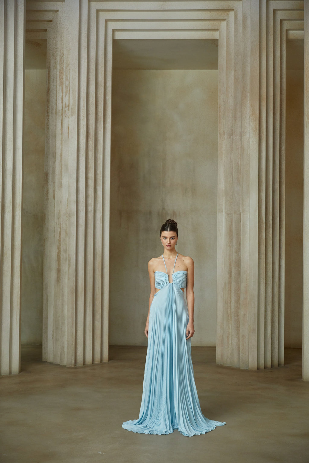 Andréa Blue Pleated Maxi Dress with Cutout Detail