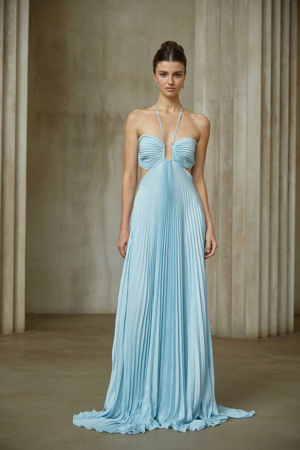 Andréa Blue Pleated Maxi Dress with Cutout Detail