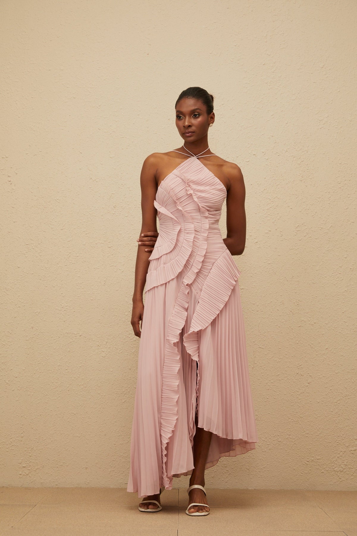 Doux Pink Ruffled Trim Pleated Midi Dress