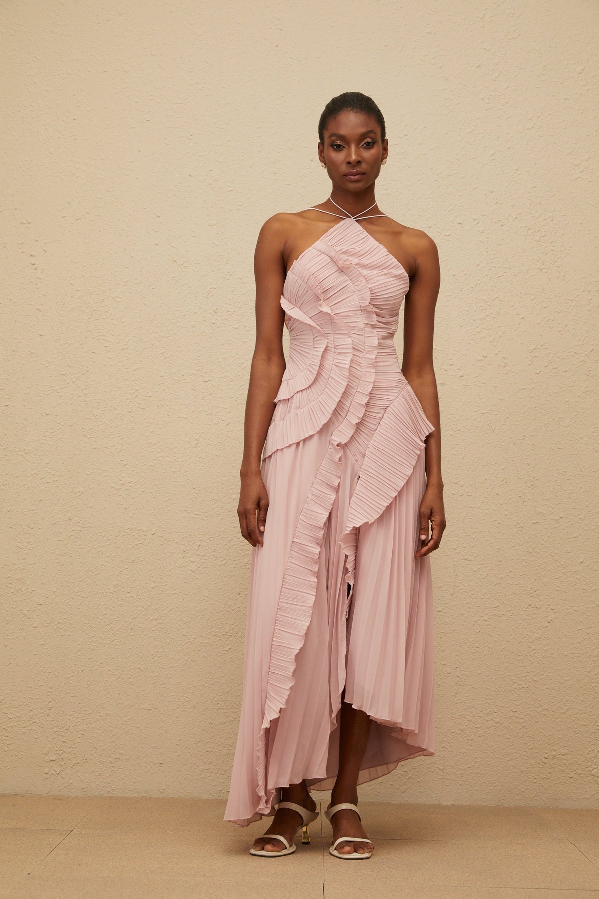 Doux Pink Ruffled Trim Pleated Midi Dress