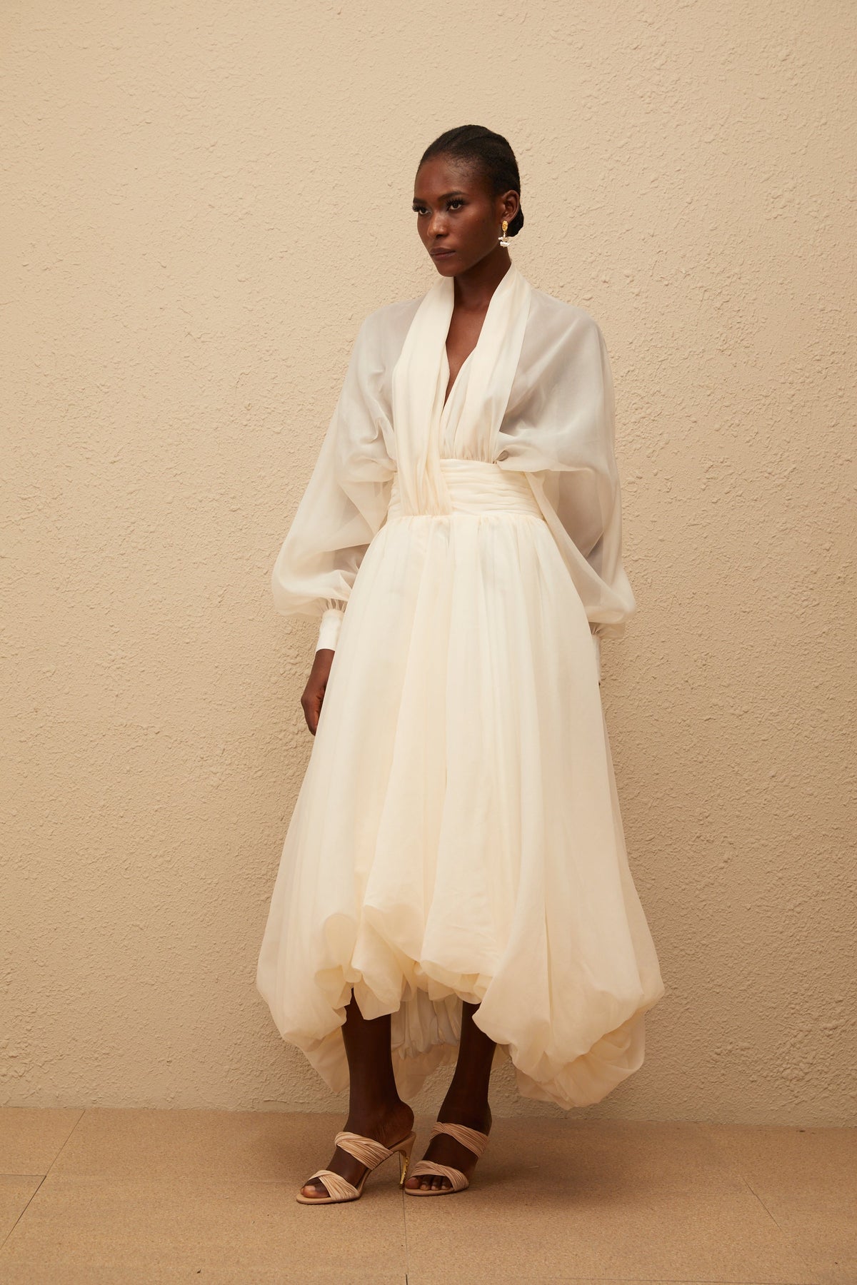 Riley Cream White Draped Tulle Maxi Dress