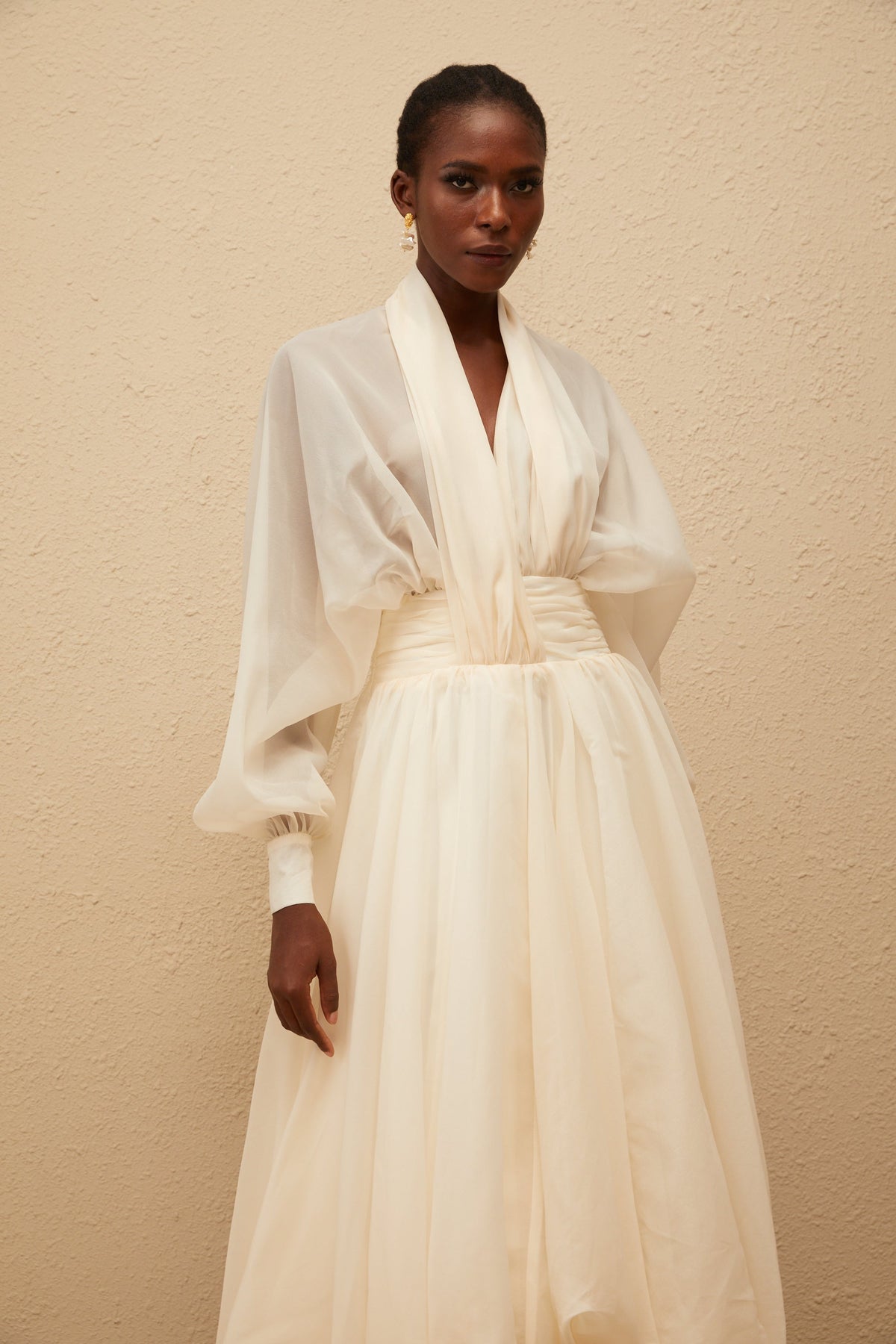 Riley Cream White Draped Tulle Maxi Dress