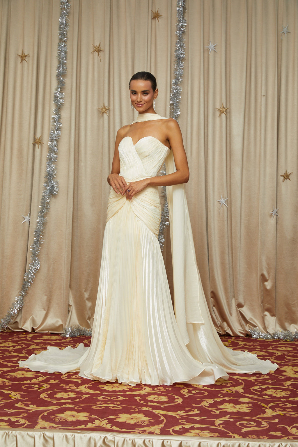 Roxane Yellow Cinched Waist Ruched Maxi Dress