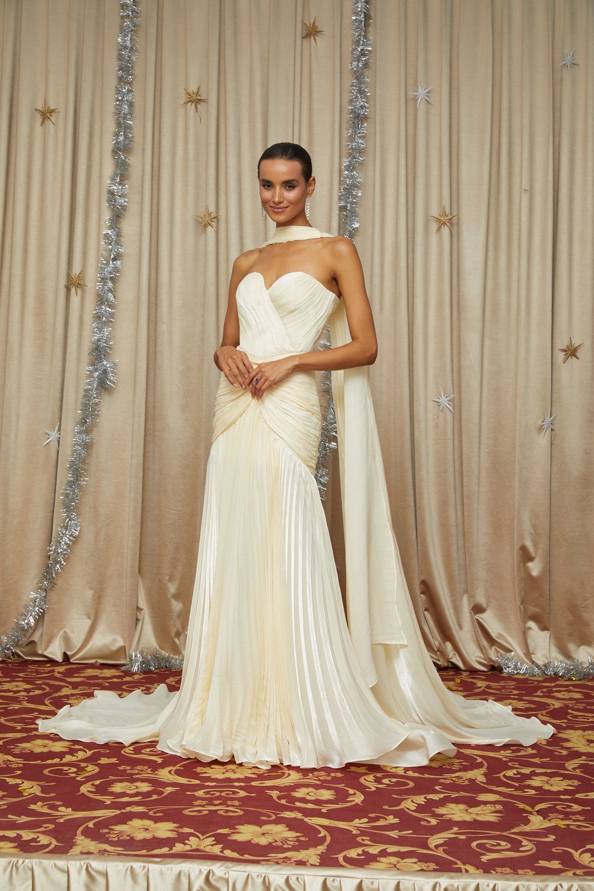 Roxane Yellow Cinched Waist Ruched Maxi Dress