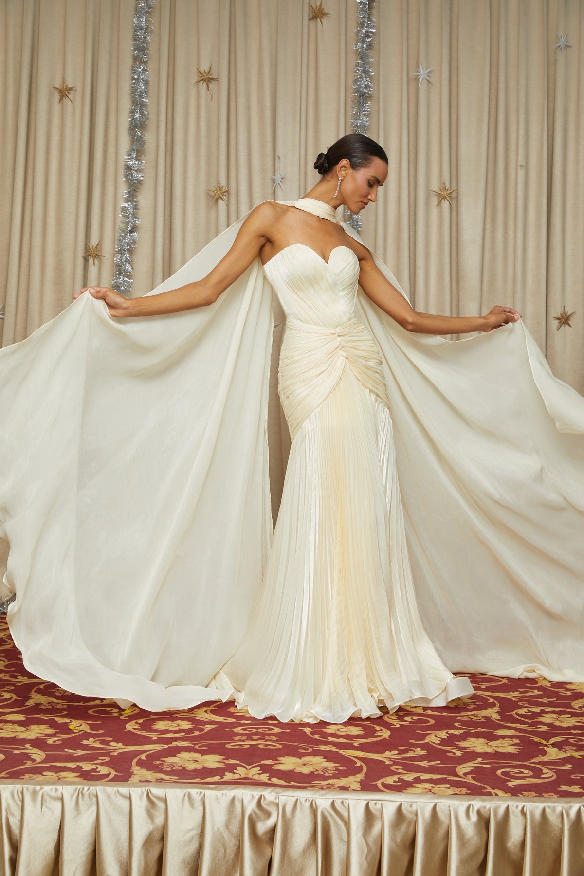 Roxane Yellow Cinched Waist Ruched Maxi Dress