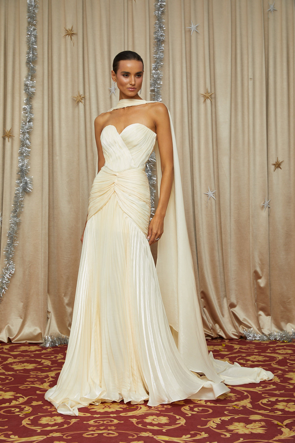 Roxane Yellow Cinched Waist Ruched Maxi Dress