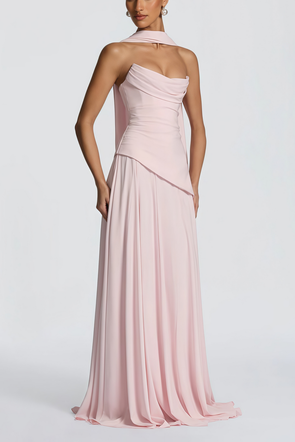 Romane Pink Strapless Corset Chiffon Maxi Dress