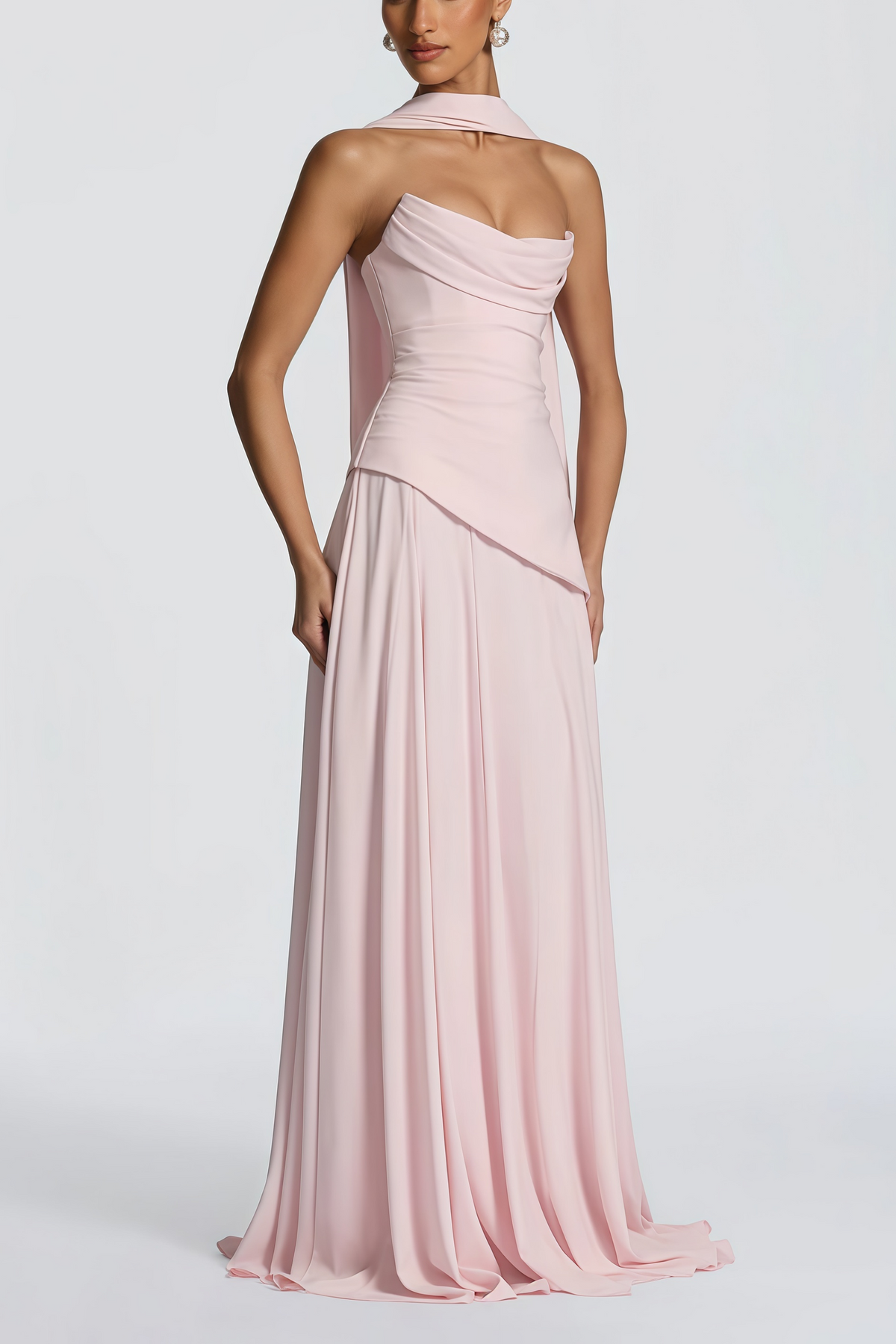 Romane Pink Strapless Corset Chiffon Maxi Dress
