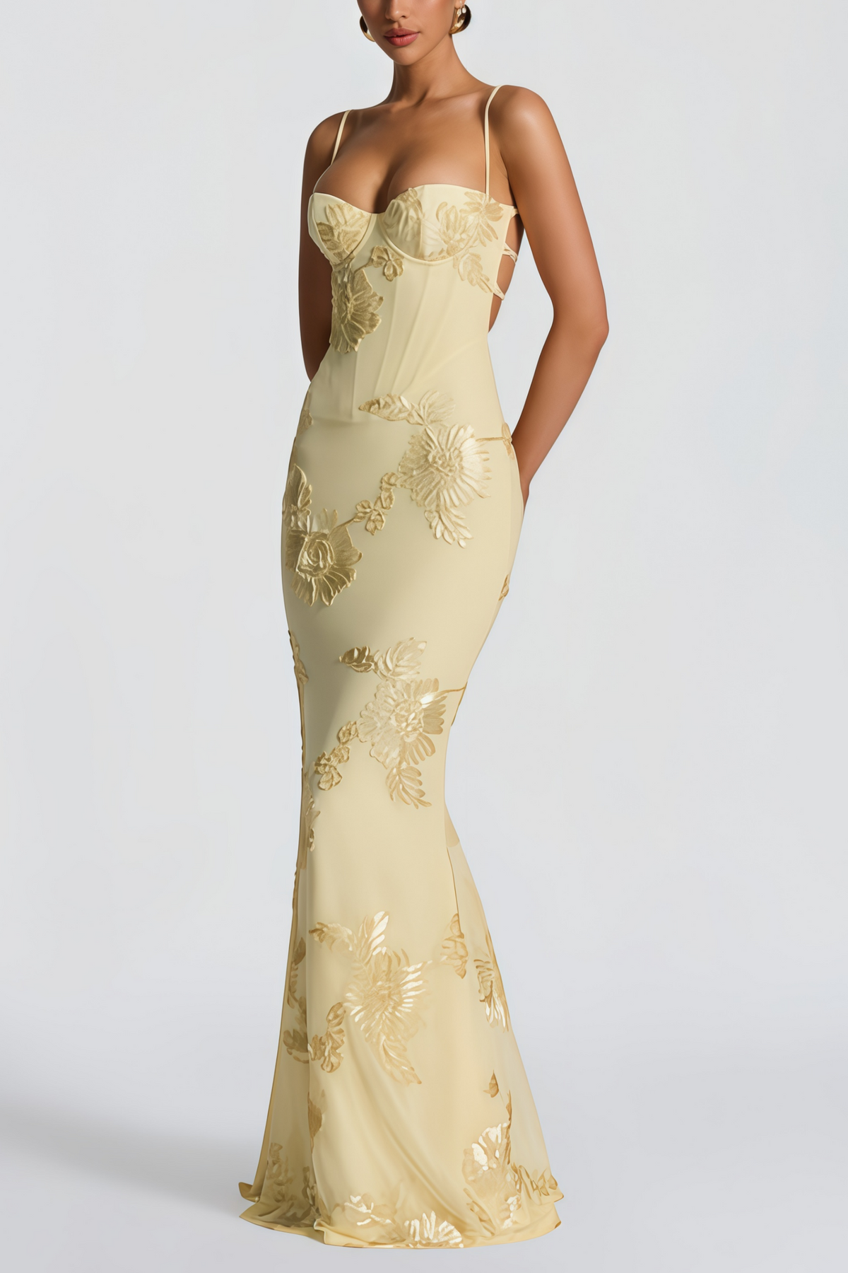Théoline Yellow Floral Appliqué Corset Maxi Dress