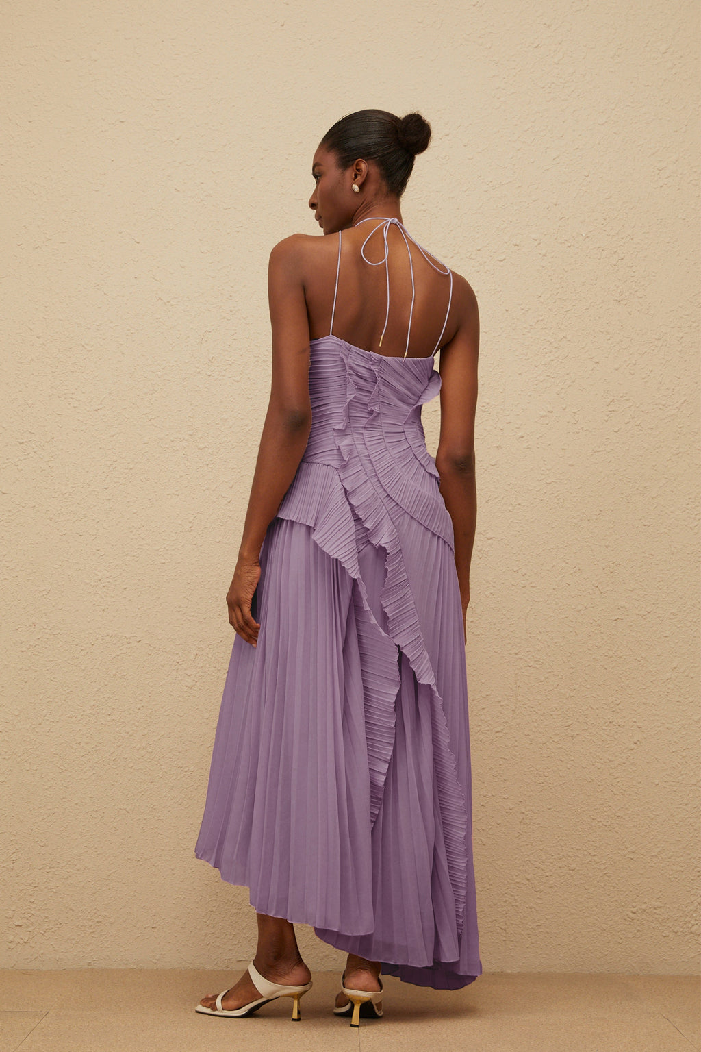 Doux Purple Ruffled Trim Pleated Midi Dress