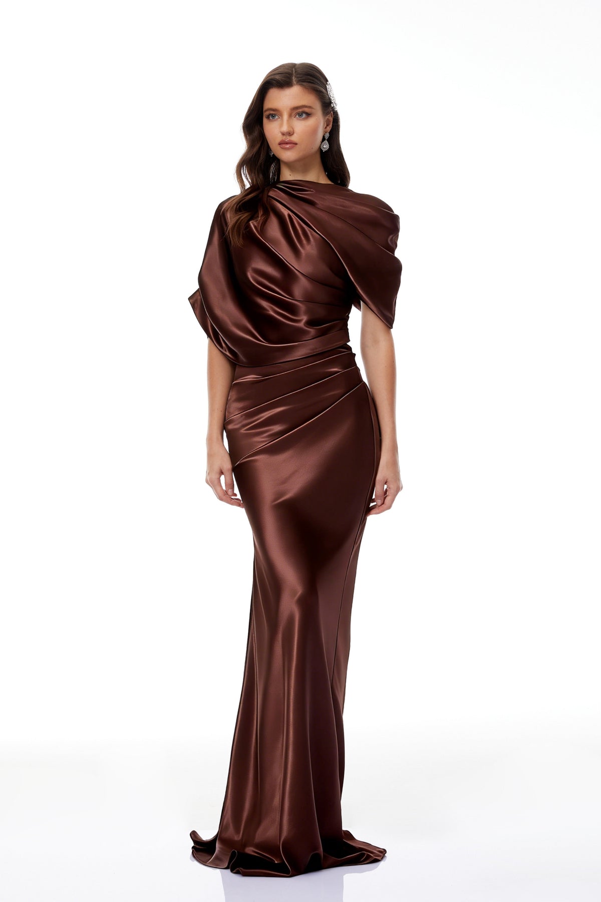 Luisa Brown Asymmetrical Gathered Satin Maxi Dress