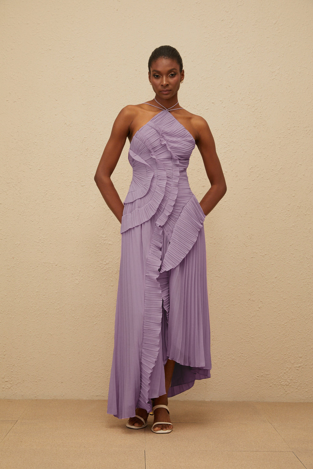 Doux Purple Ruffled Trim Pleated Midi Dress