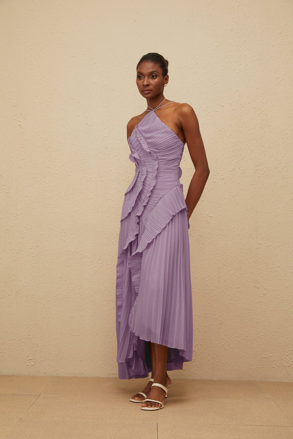 Doux Purple Ruffled Trim Pleated Midi Dress