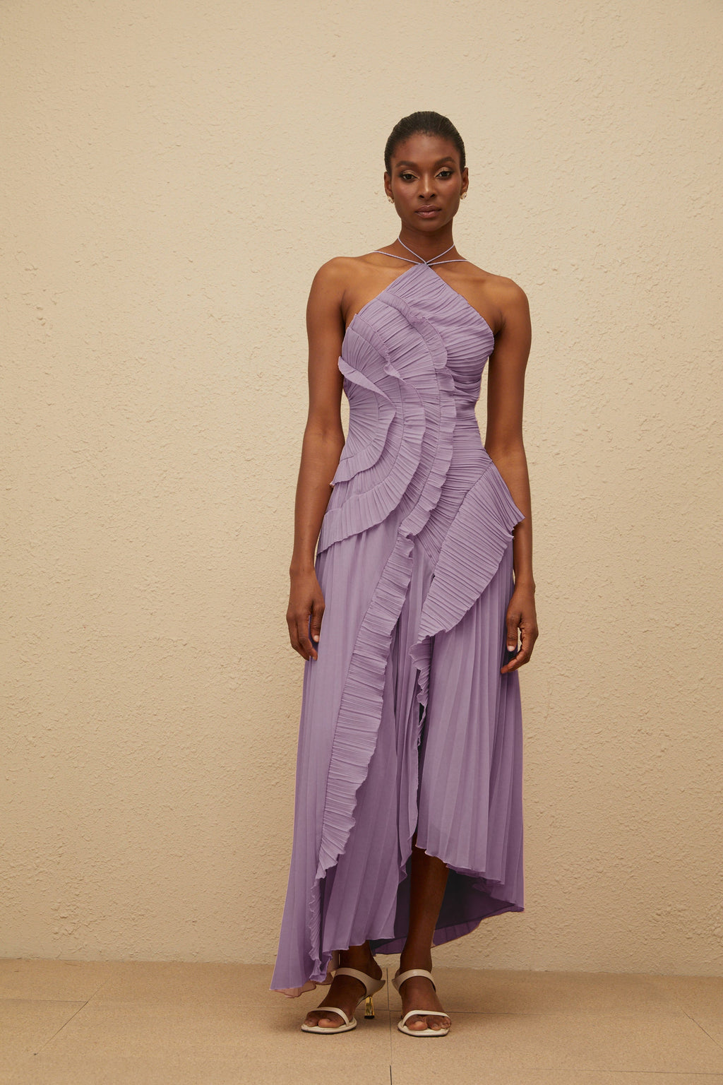 Doux Purple Ruffled Trim Pleated Midi Dress