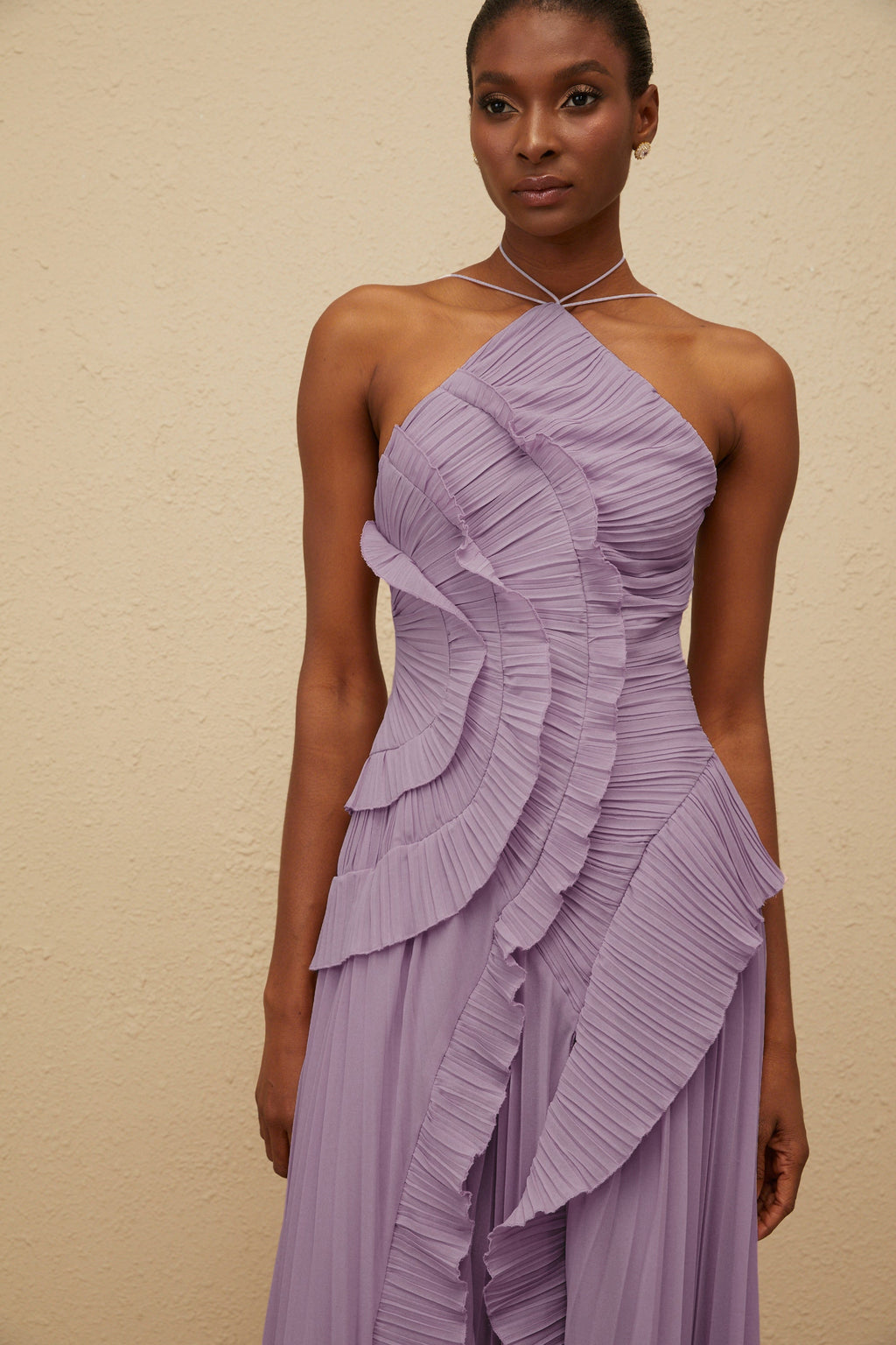 Doux Purple Ruffled Trim Pleated Midi Dress