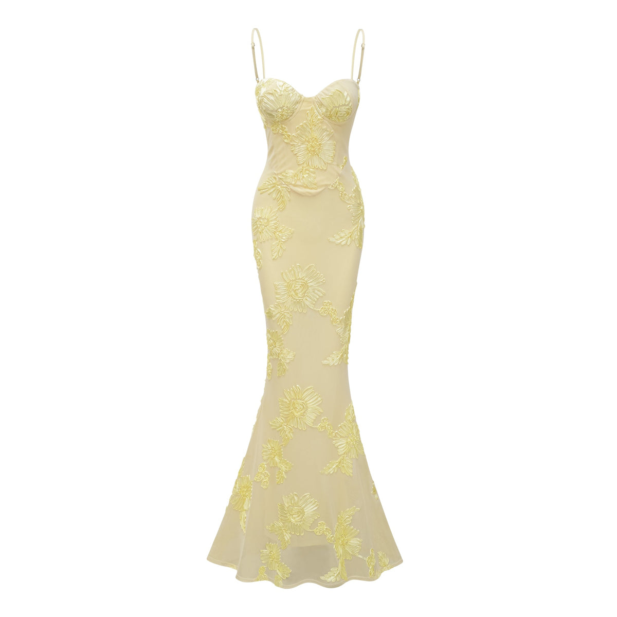 Théoline Yellow Floral Appliqué Corset Maxi Dress