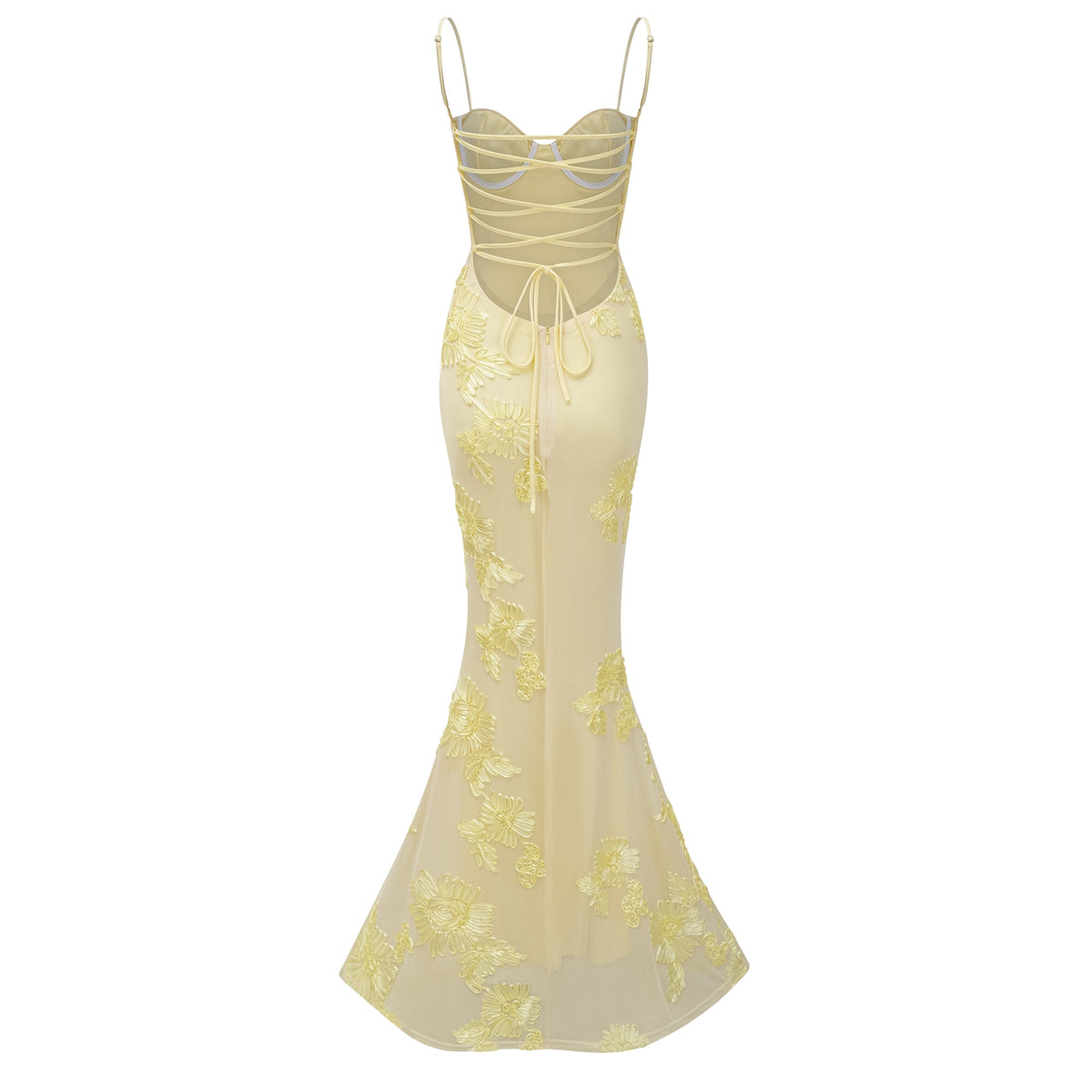 Théoline Yellow Floral Appliqué Corset Maxi Dress