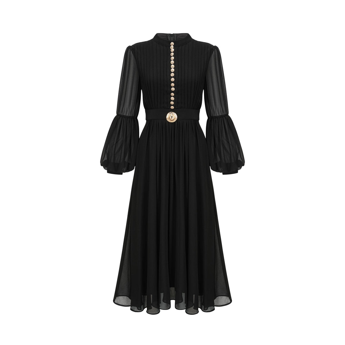 Viviane black pleated button-front midi dress