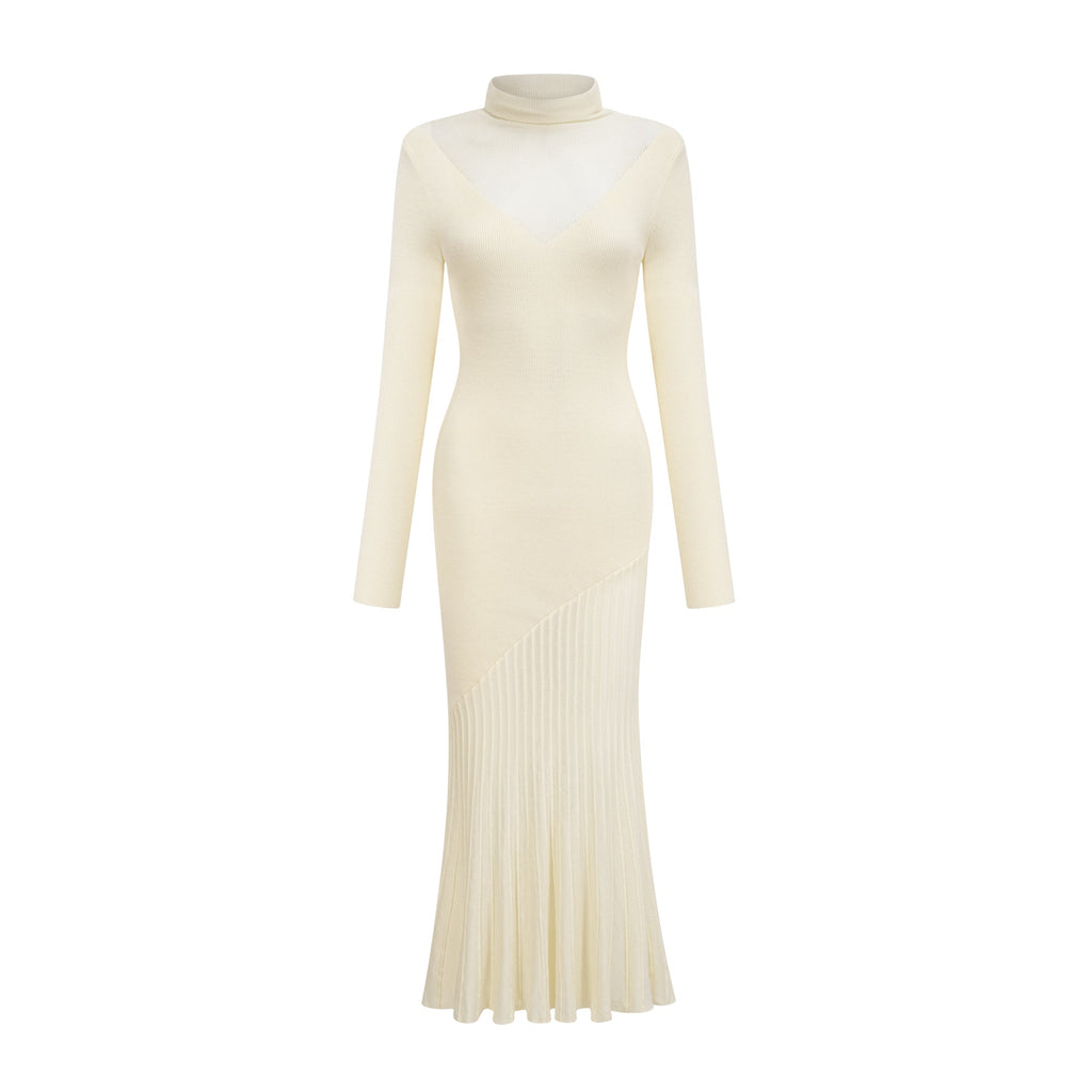 Émeline white knitted pleated midi dress