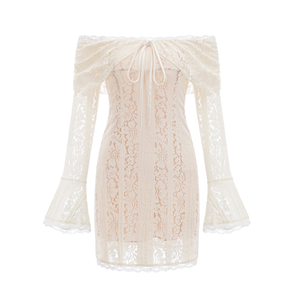 Émeline floral lace flared-cuff mini dress in Neutrals