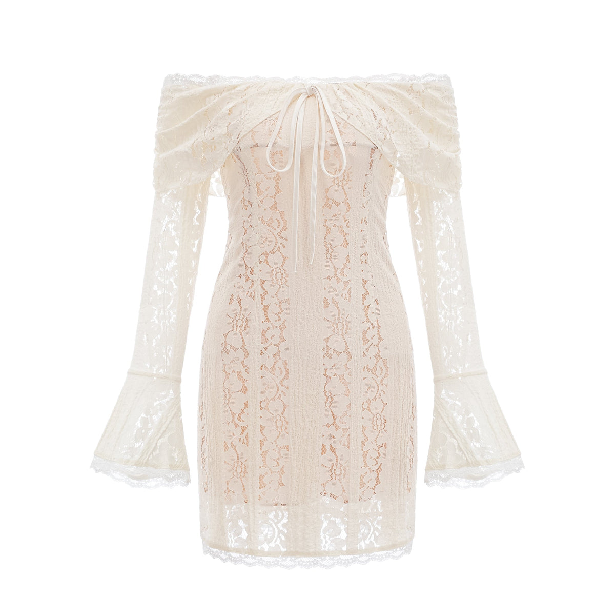 Émeline floral lace flared-cuff mini dress in Neutrals