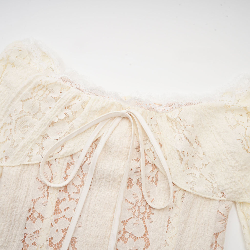 Émeline floral lace flared-cuff mini dress in Neutrals