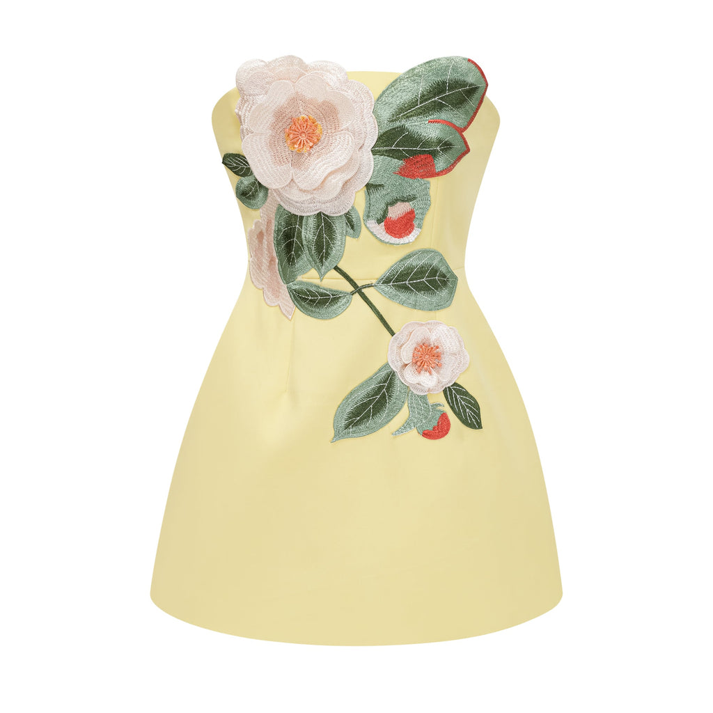 Abigail Yellow Floral Embroidered Mini Dress