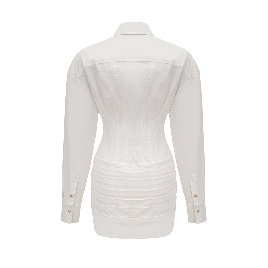 Orlane white cinched-waist pleated mini shirt dress