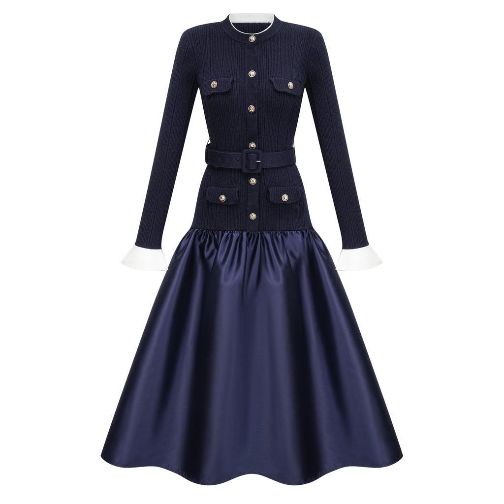 Fern Navy Blue Satin Panel Knit Midi Dress