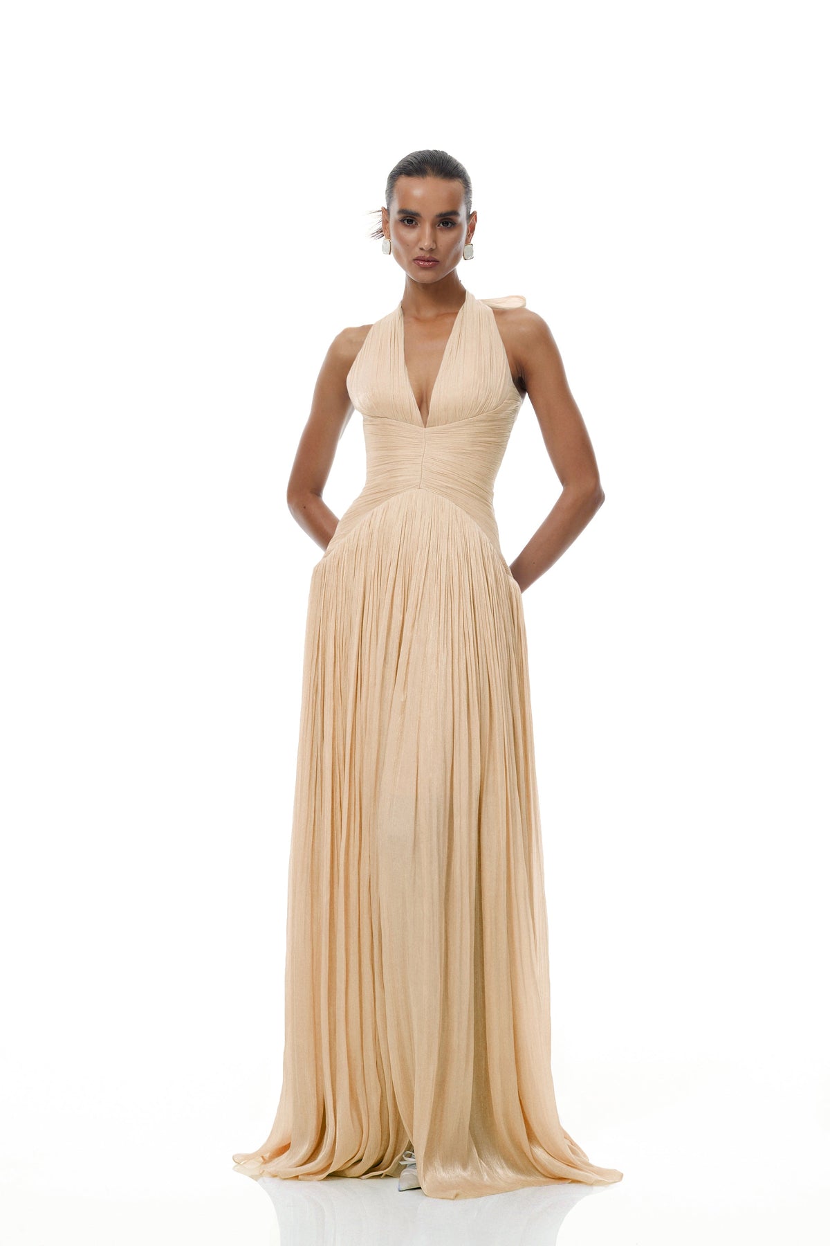 Térébenthine Neutral Glossy Gathered Maxi Dress
