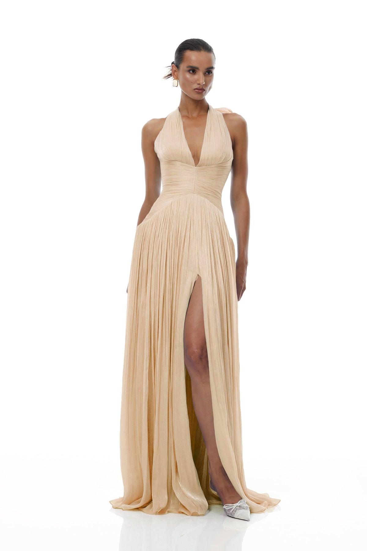 Térébenthine Neutral Glossy Gathered Maxi Dress