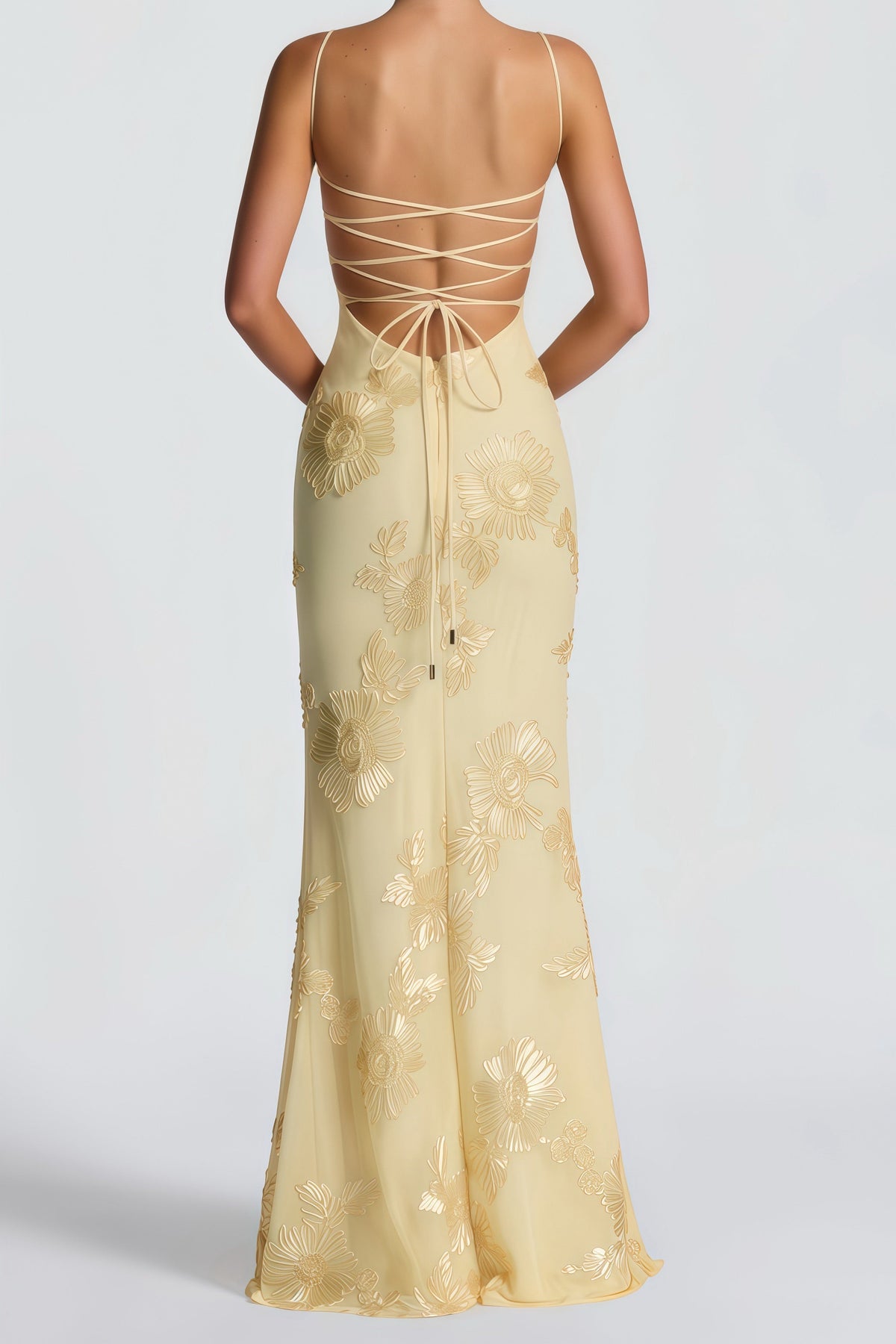 Théoline Yellow Floral Appliqué Corset Maxi Dress