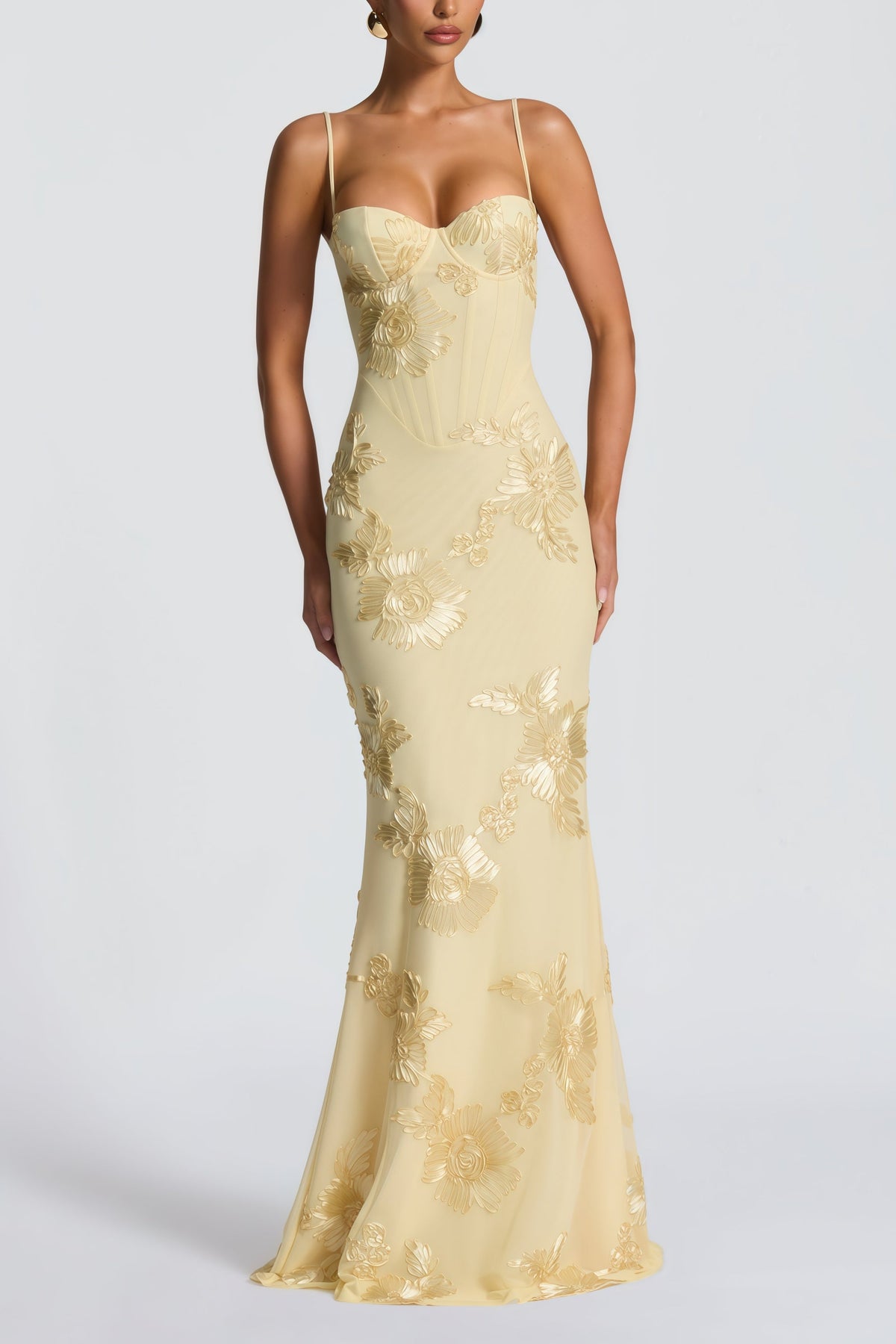 Théoline Yellow Floral Appliqué Corset Maxi Dress
