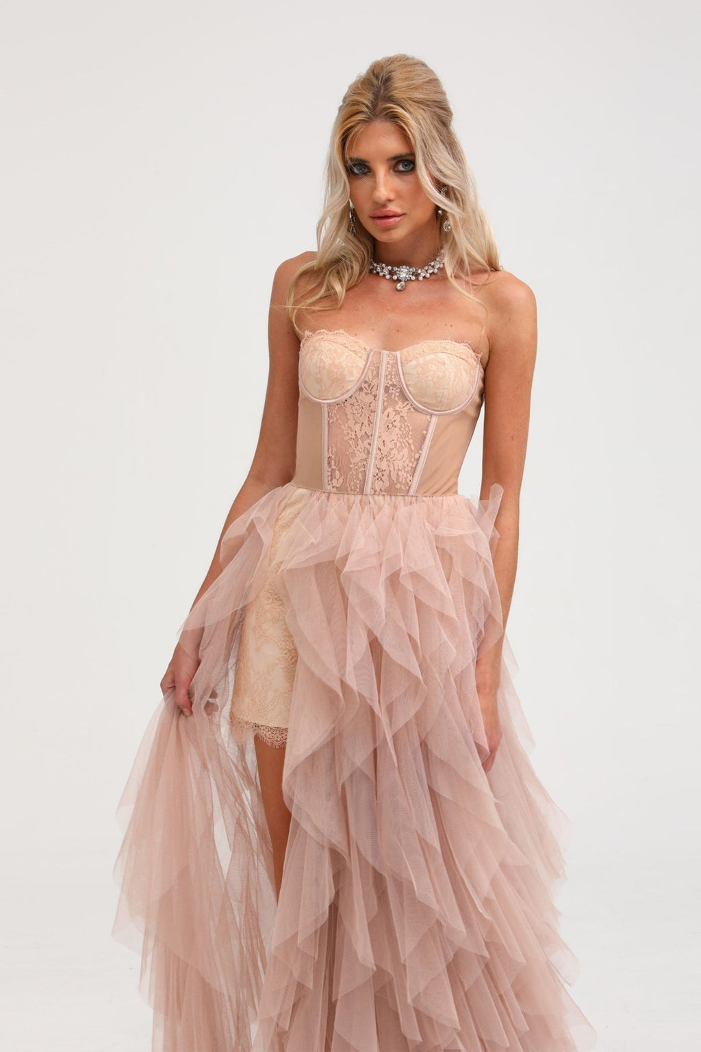 Eilís Pink Bustier Mesh Maxi Dress