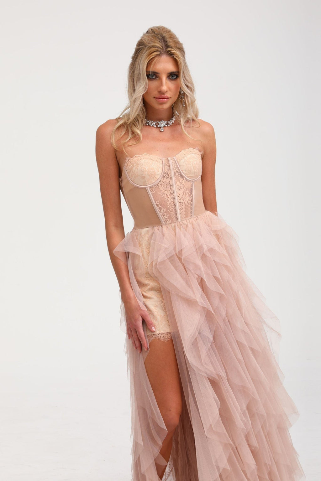 Eilís Pink Bustier Mesh Maxi Dress