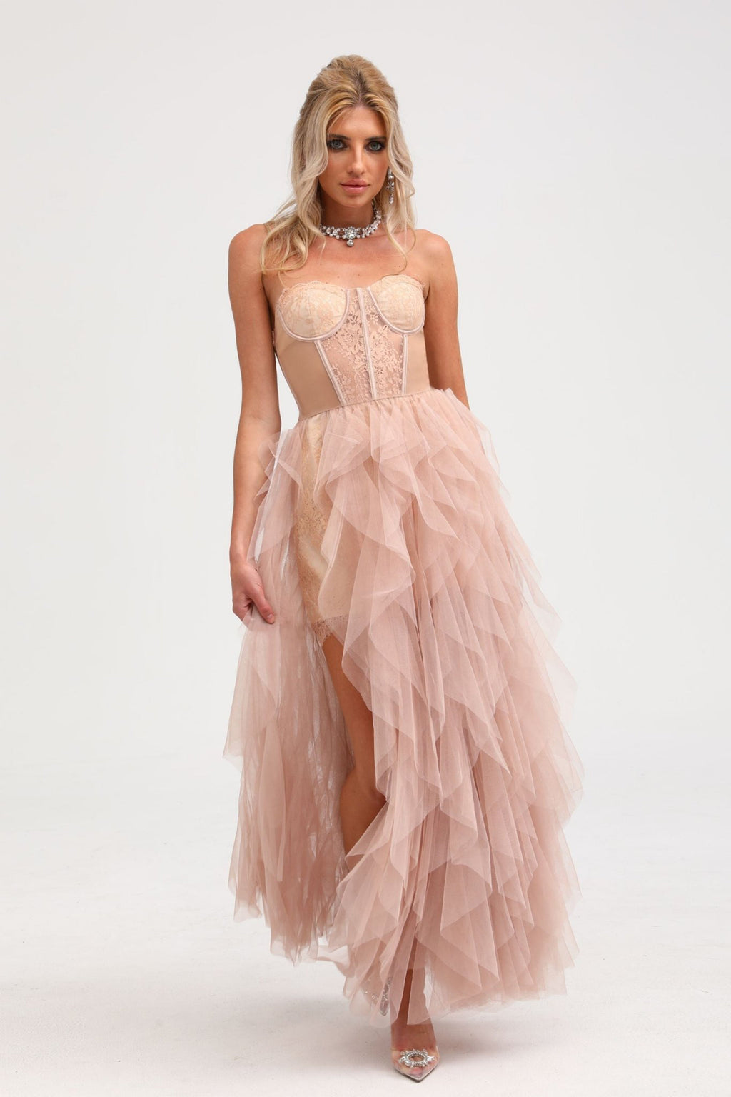 Eilís Pink Bustier Mesh Maxi Dress