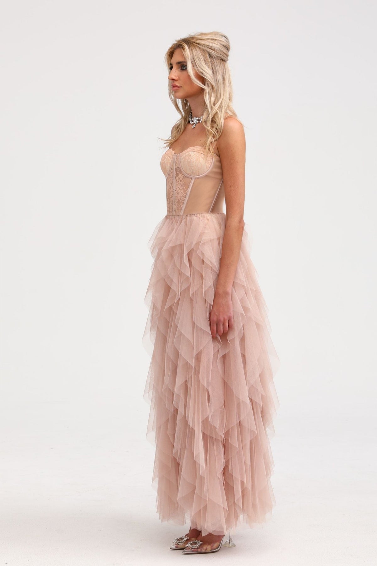 Eilís Pink Bustier Mesh Maxi Dress