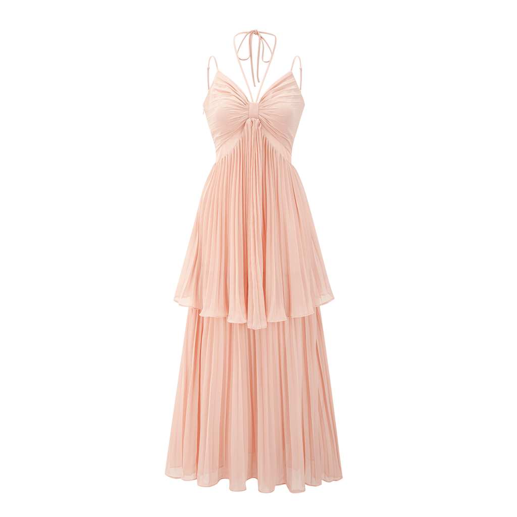 Olympe pink pleated tiered midi dress